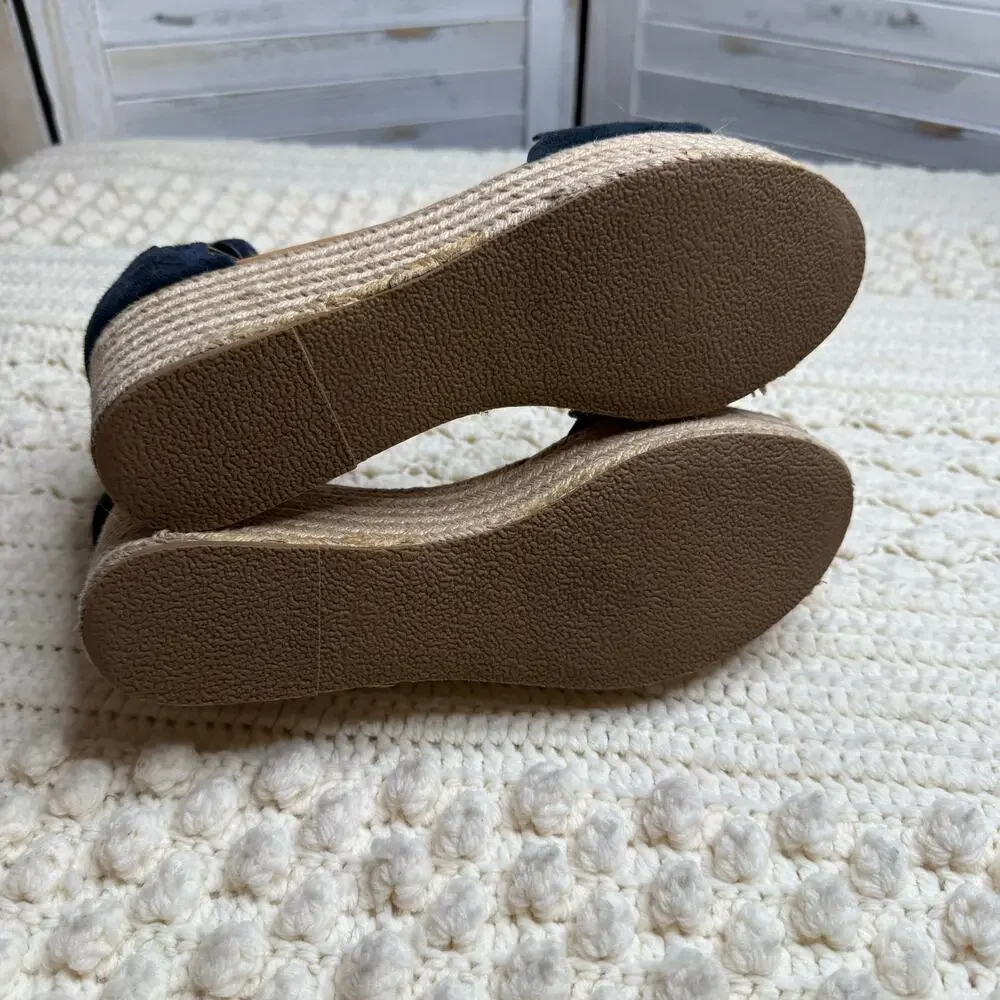 J. CREW Women's 10 Suede Leather Scalloped Flatform Espadrille Shoes Navy Tan